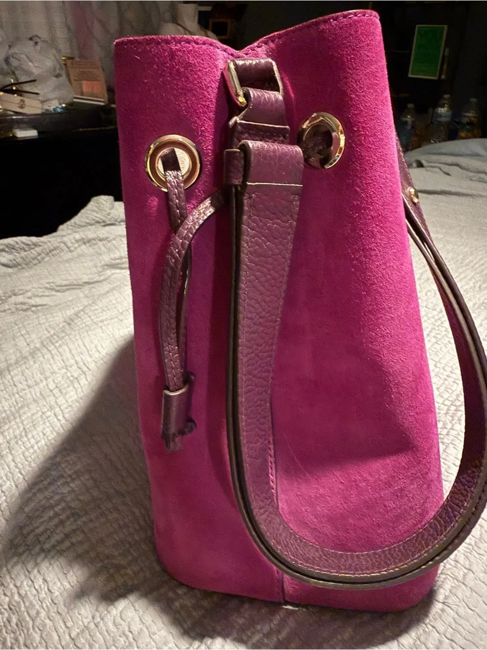 kate spade Suede Bucket Shoulder Bag in Magenta with Plum Strap